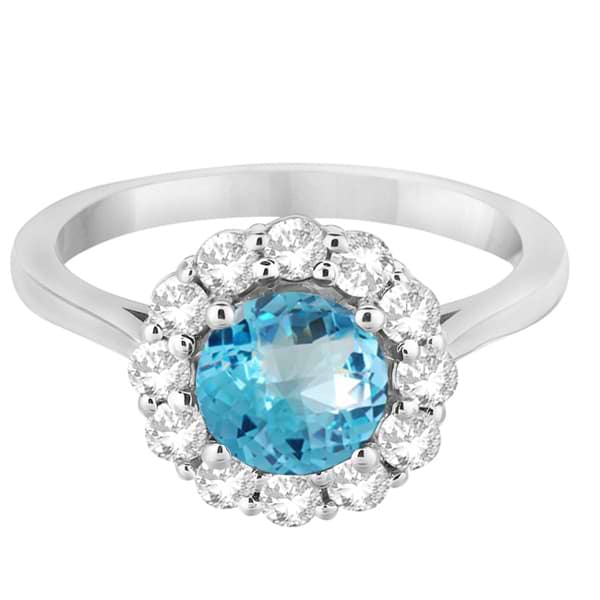 Halo Diamond Accented and Blue Topaz Lady Di Ring 14K White Gold (2.14ct)