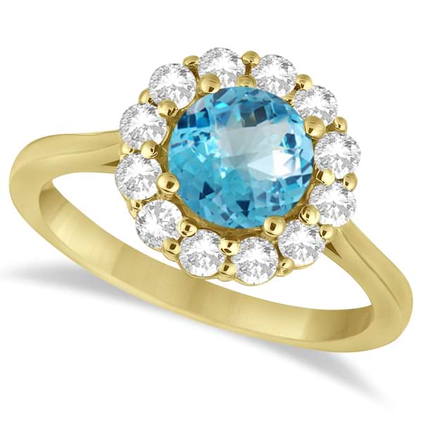 Halo Diamond Accented and Blue Topaz Lady Di Ring 14K Yellow Gold (2.14ct)