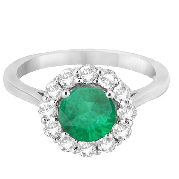 Halo Diamond Accented and Emerald Lady Di Ring 14K White Gold (2.14ct)