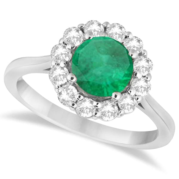 Halo Diamond Accented and Emerald Lady Di Ring 18k White Gold (2.14ct)