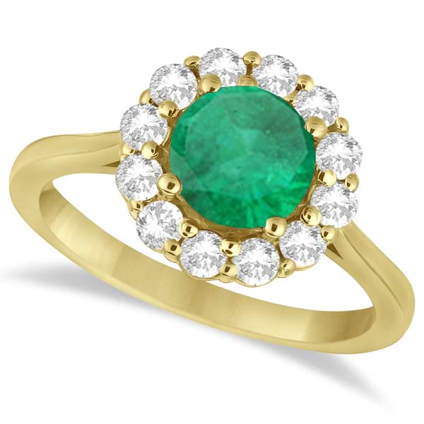 Halo Diamond Accented and Emerald Lady Di Ring 18k Yellow Gold (2.14ct)