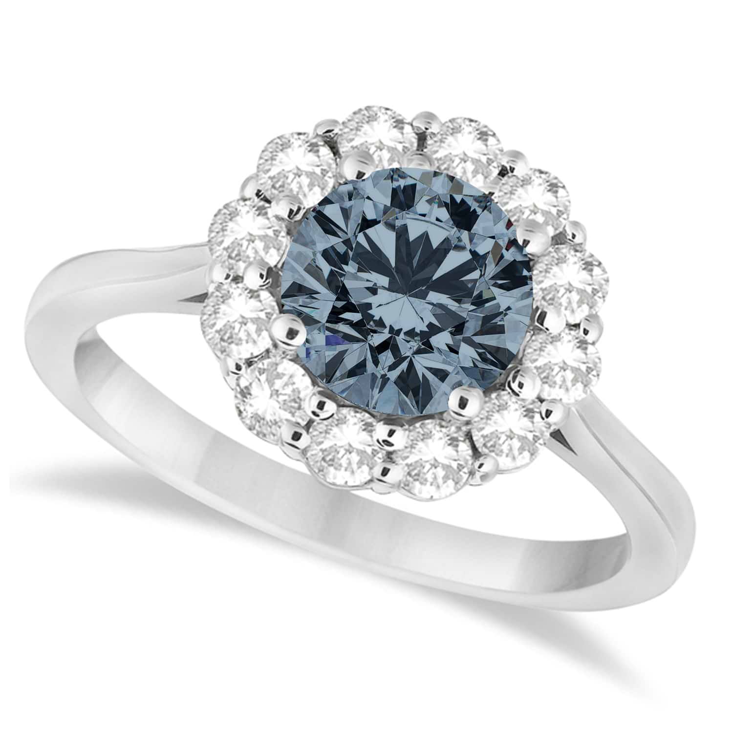 Halo Diamond Accented and Gray Spinel Lady Di Ring 14K White Gold (2.14ct)