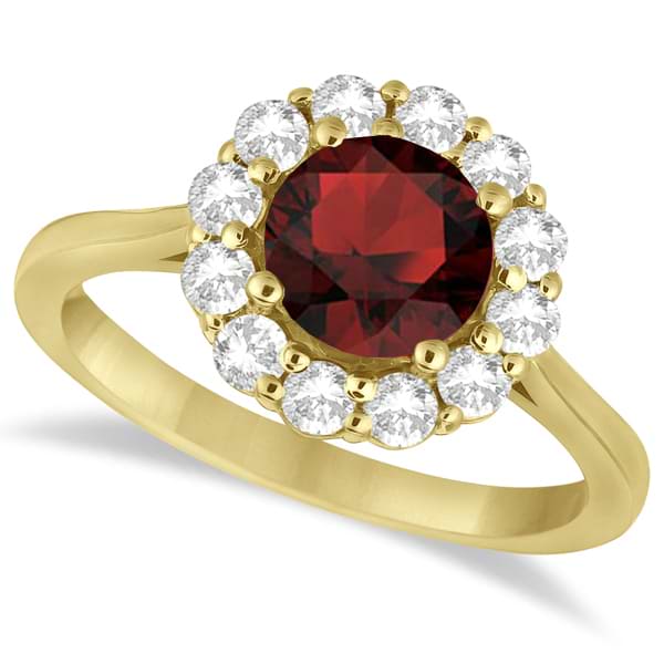 Halo Diamond Accented and Garnet Lady Di Ring 14K Yellow Gold (2.14ct)
