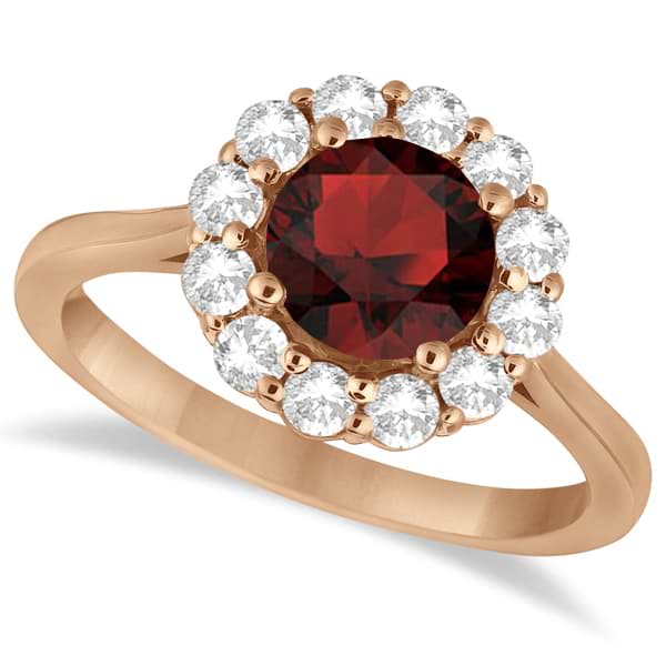Halo Diamond Accented and Garnet Lady Di Ring 18k Rose Gold (2.14ct)