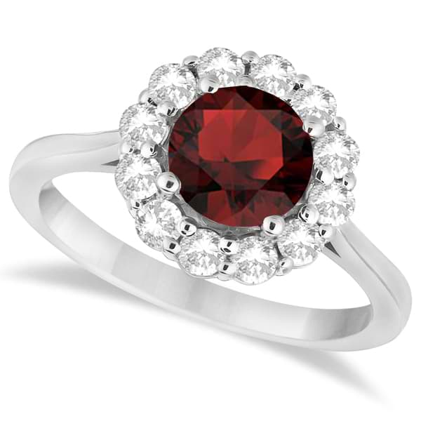 Halo Diamond Accented and Garnet Lady Di Ring 18k White Gold (2.14ct)
