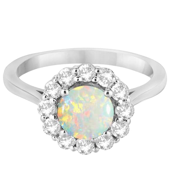 Halo Diamond Accented and Opal Lady Di Ring 18k White Gold (2.14ct)