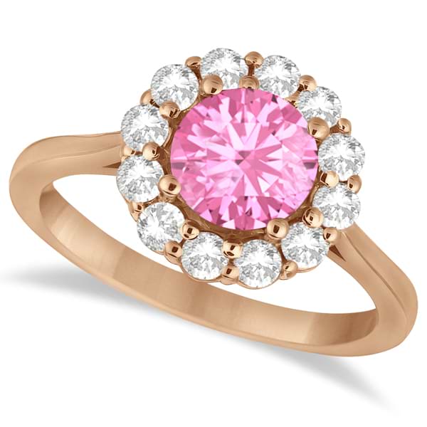 Halo Diamond Accented and Pink Tourmaline Lady Di Ring 14K Rose Gold (2.14ct)