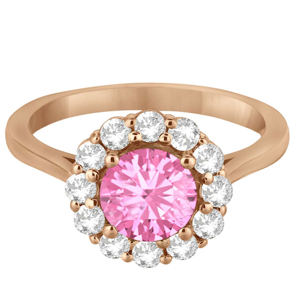 Halo Diamond Accented and Pink Tourmaline Lady Di Ring 14K Rose Gold (2.14ct)
