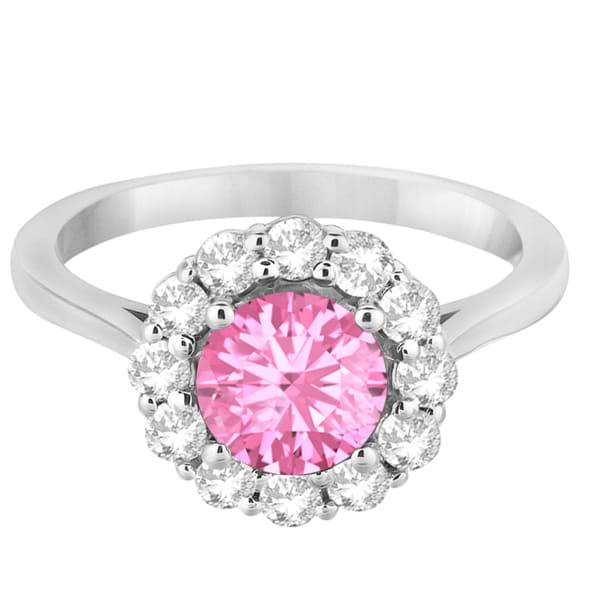 Halo Diamond Accented and Pink Tourmaline Lady Di Ring 14K White Gold (2.14ct)