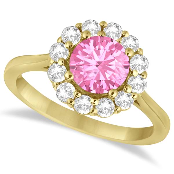 Halo Diamond Accented and Pink Tourmaline Lady Di Ring 14K Yellow Gold (2.14ct)