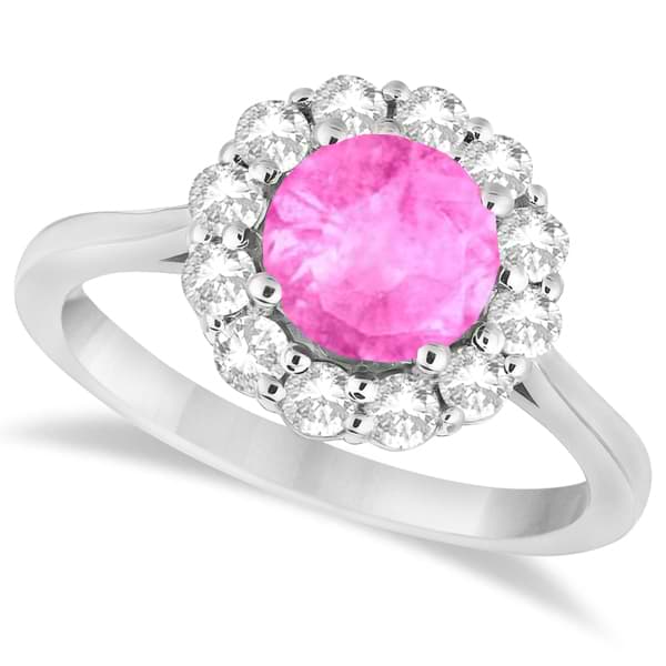 Halo Diamond Accented and Pink Sapphire Lady Di Ring 14K White Gold (2.14ct)