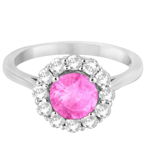 Halo Diamond Accented and Pink Sapphire Lady Di Ring 14K White Gold (2.14ct)
