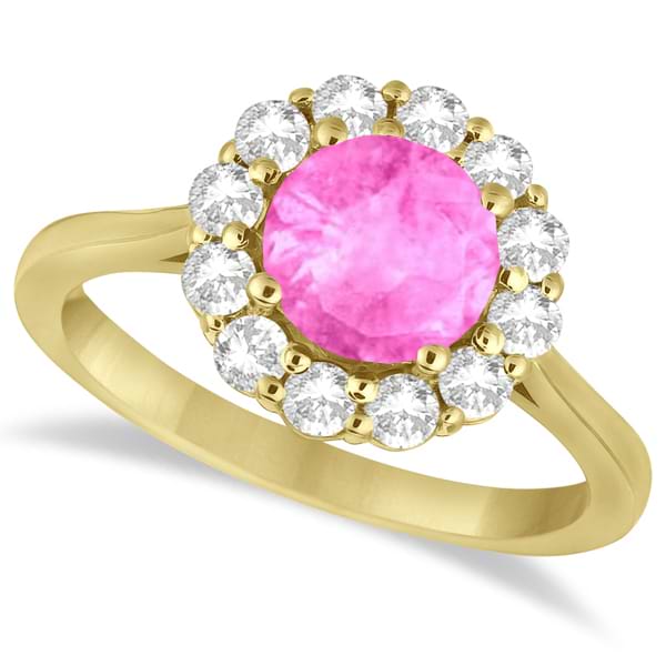 Halo Diamond Accented and Pink Sapphire Lady Di Ring 14K Yellow Gold (2.14ct)