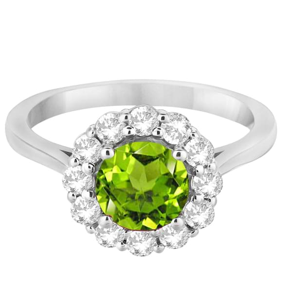 Halo Diamond Accented and Peridot Lady Di Ring 14K White Gold (2.14ct)