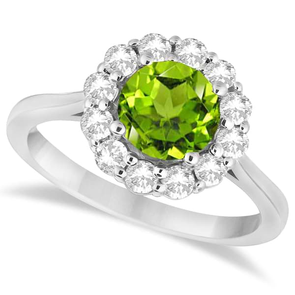 Halo Diamond Accented and Peridot Lady Di Ring 18k White Gold (2.14ct)