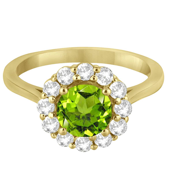 Halo Diamond Accented and Peridot Lady Di Ring 18k Yellow Gold (2.14ct)