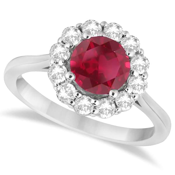 Halo Diamond Accented and Ruby Ring 14K White Gold (2.14ct)