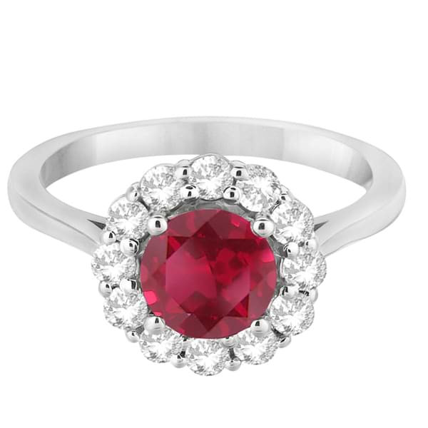 Halo Diamond Accented and Ruby Ring 14K White Gold (2.14ct)