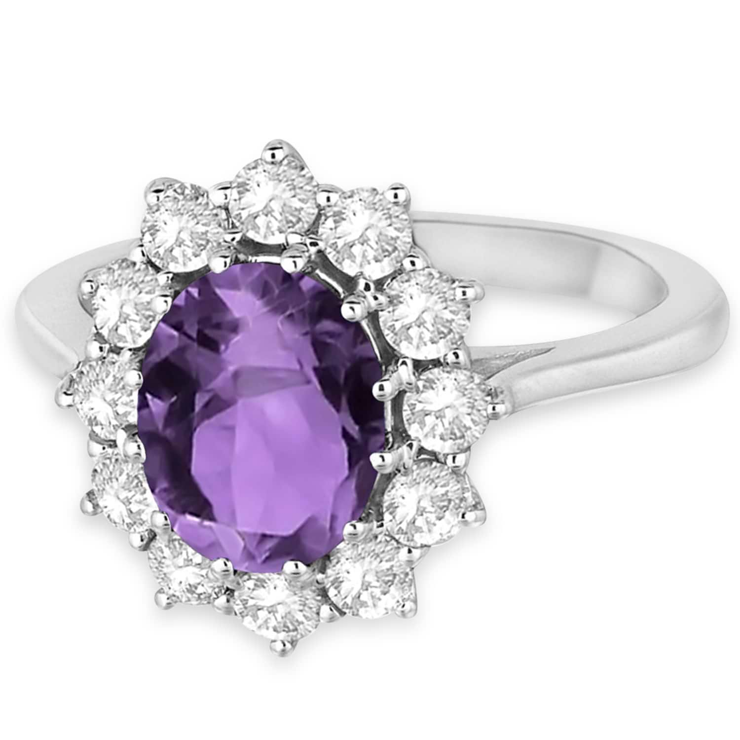 14k White Gold Amethyst Oval Genuine Gemstone and Diamond Ring For