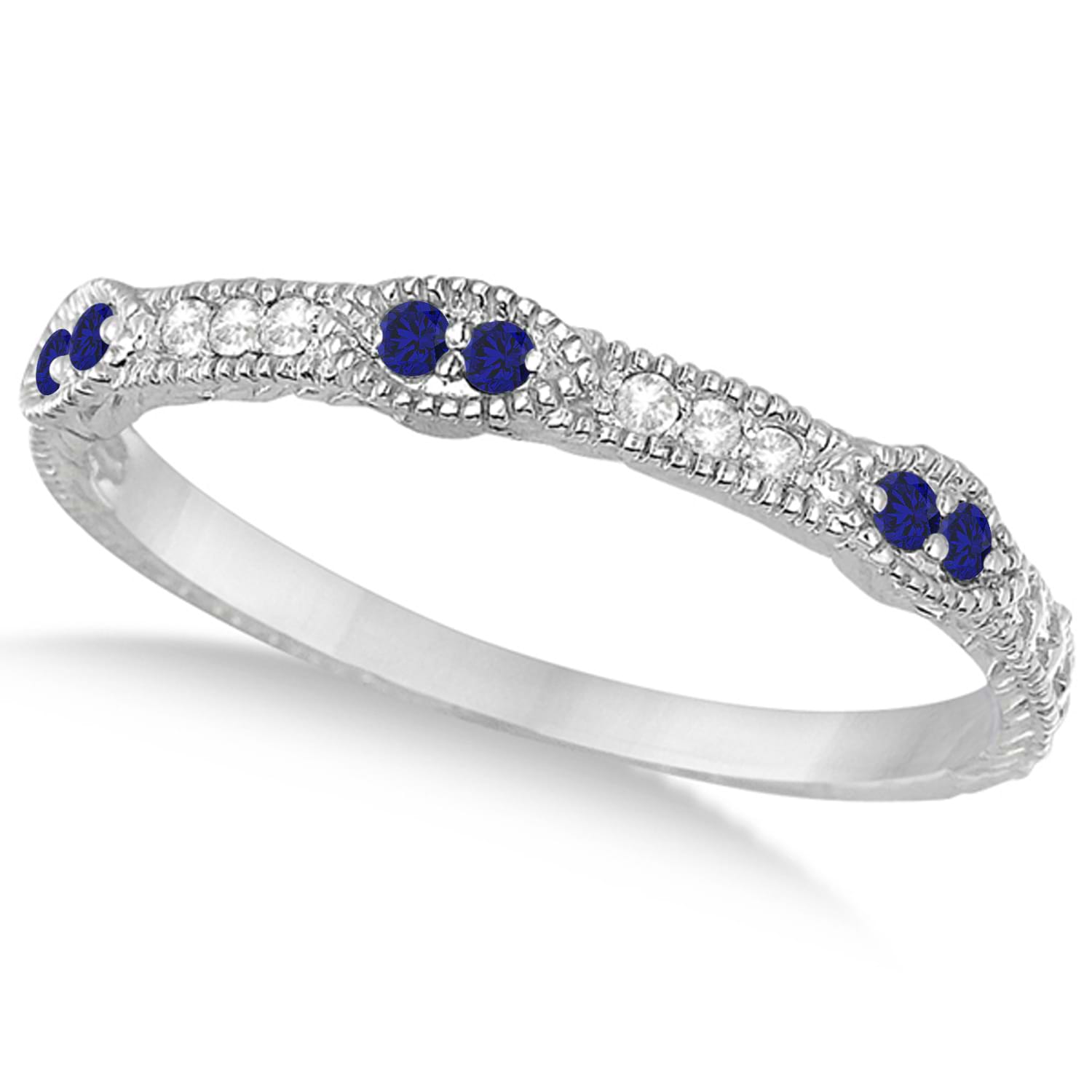 Vintage Stacking Diamond & Blue Sapphire Ring Band 14k White Gold (0.15ct)