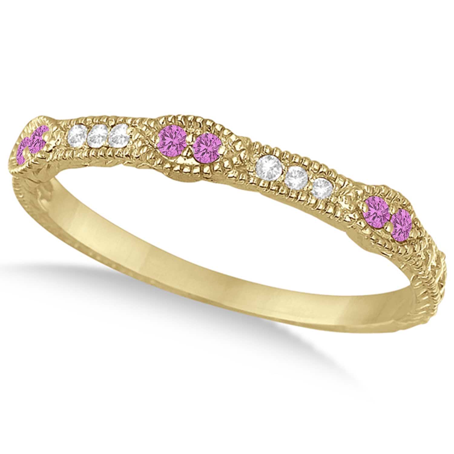 Vintage Stacking Diamond & Pink Sapphire Ring Band 14k Yellow Gold (0.15ct)
