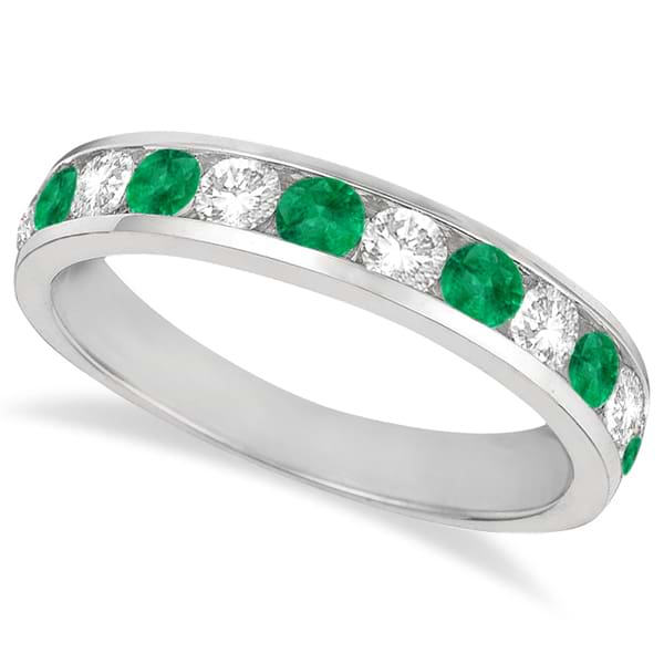 Channel-Set Emerald & Diamond Ring Band 14k White Gold (1.20ctw)