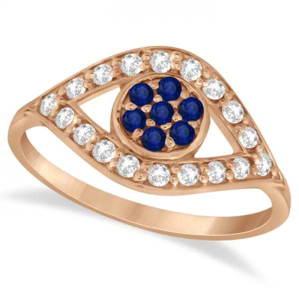 Evil Eye Diamond & Blue Sapphire Ring in 14k Rose Gold (0.54ct)