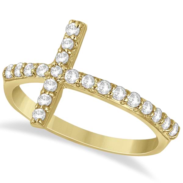 Modern Sideways Diamond Cross Fashion Ring in 14k Yellow Gold (0.42ct)