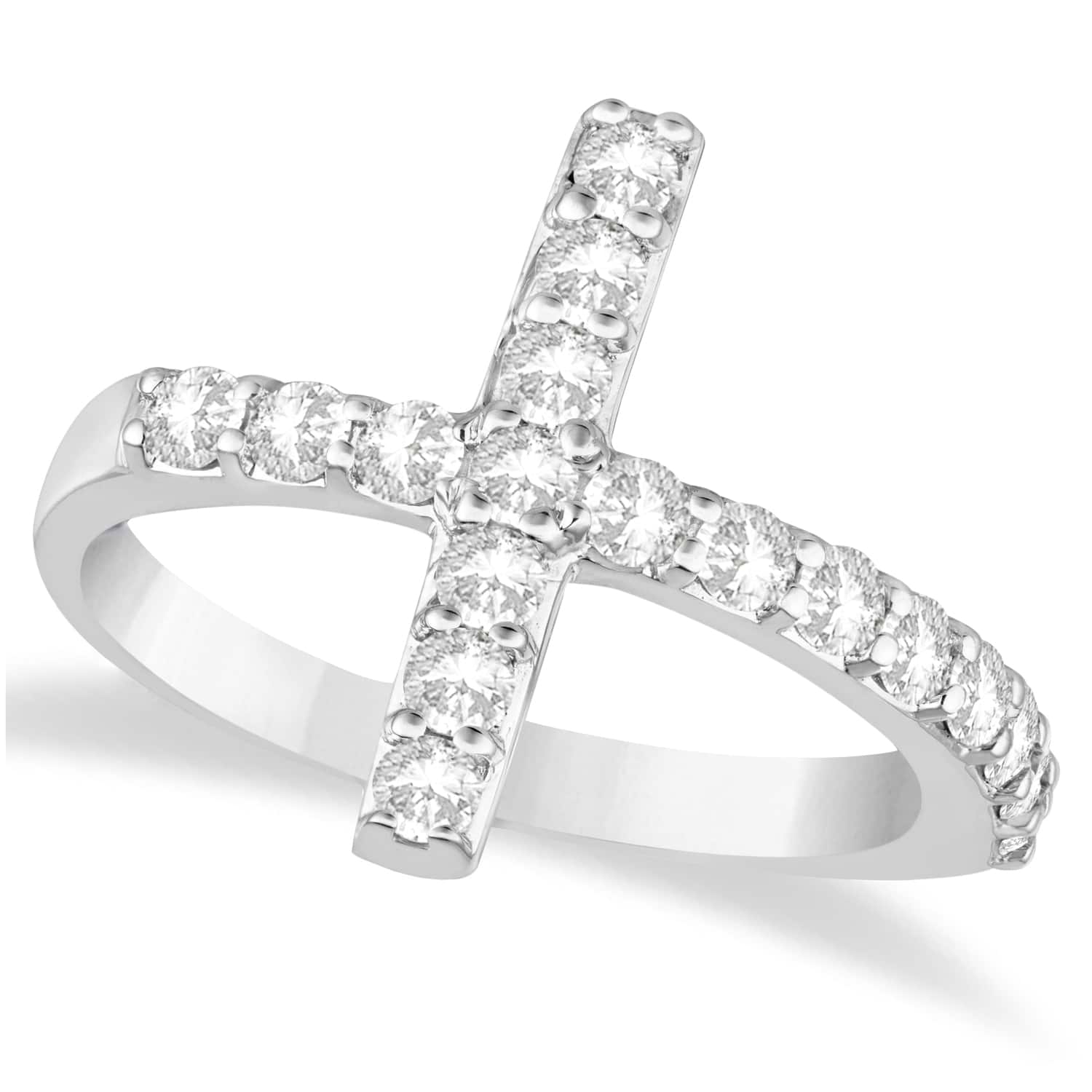 Modern Sideways Diamond Cross Fashion Ring 14k White Gold (0.75ct)