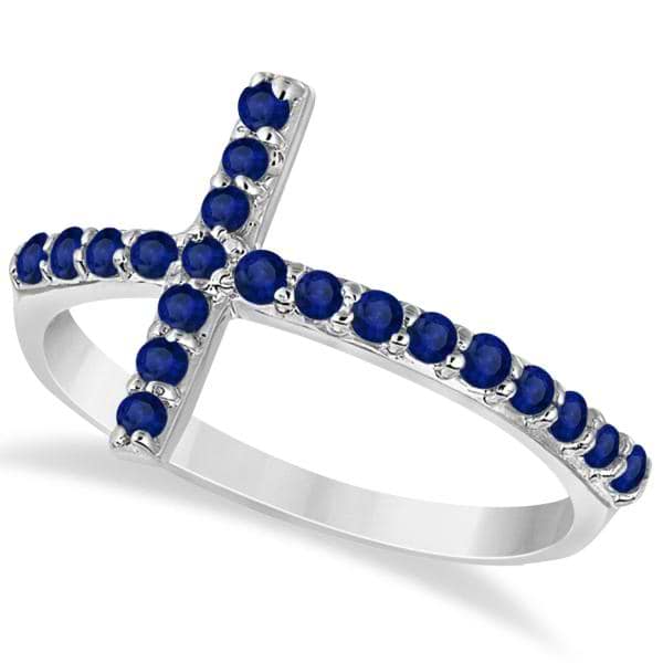 Modern Sideways Blue Sapphire Cross Fashion Ring in 14k White Gold (0.42ct)