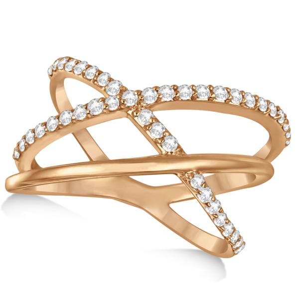 Three Band Intertwined Double X Diamond Ring 14k Rose Gold 0.42ct