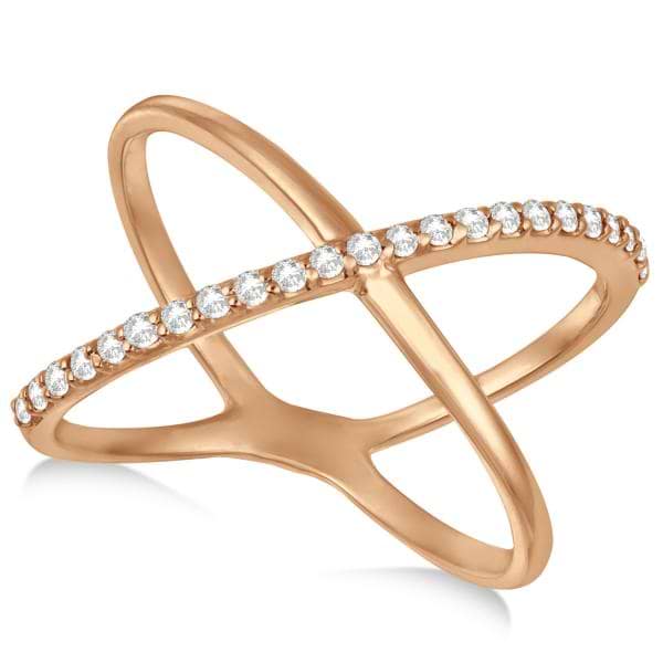 X Shaped Ring with One Row of Pave Set Diamonds 14k Rose Gold 0.25ct