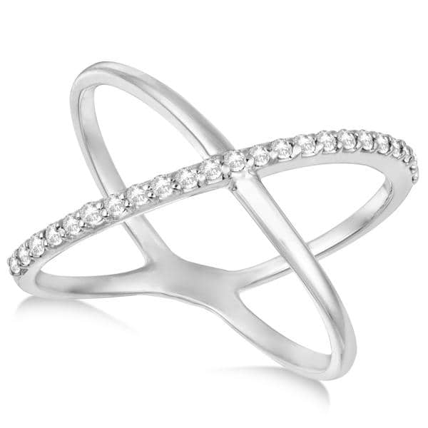 X Shaped Ring with One Row of Pave Set Diamonds 14k White Gold 0.25ct