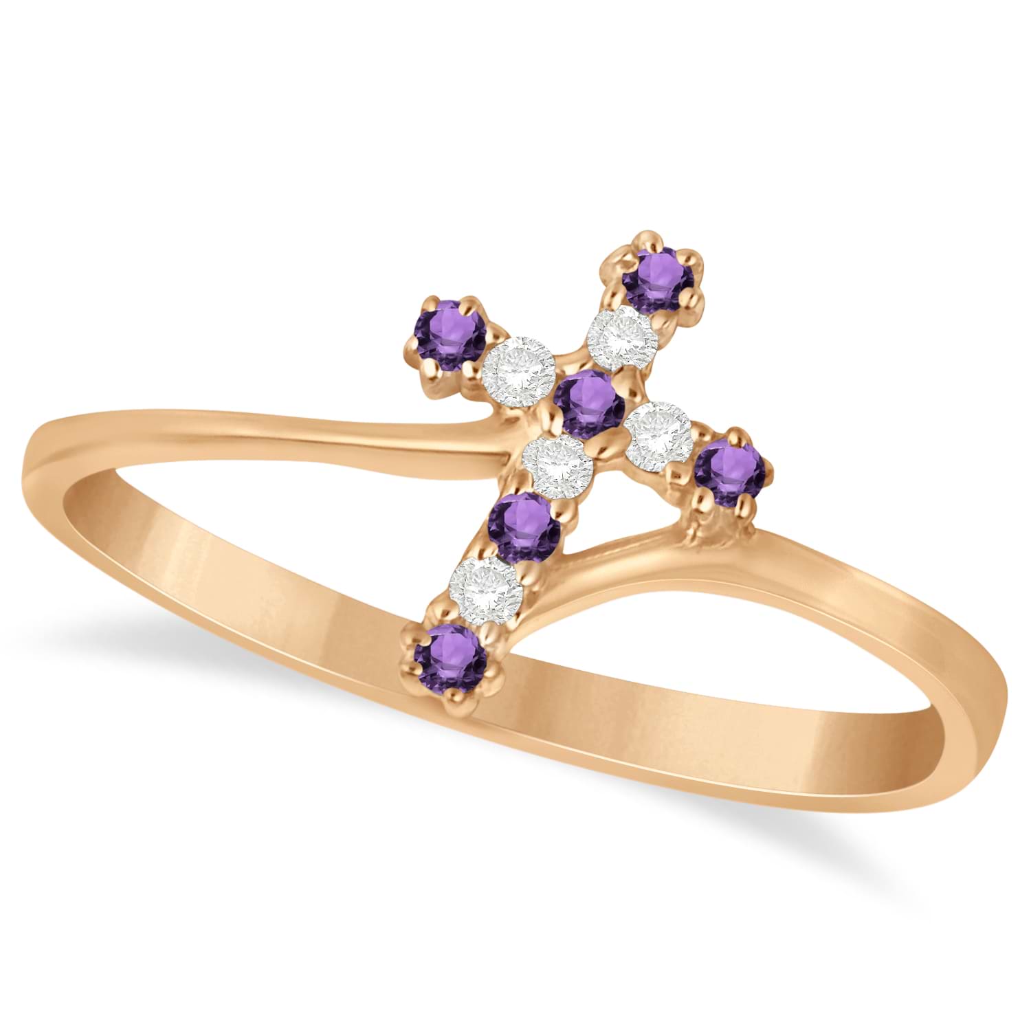 Diamond & Amethyst Religious Cross Twisted Ring 14k Rose Gold (0.10ct)