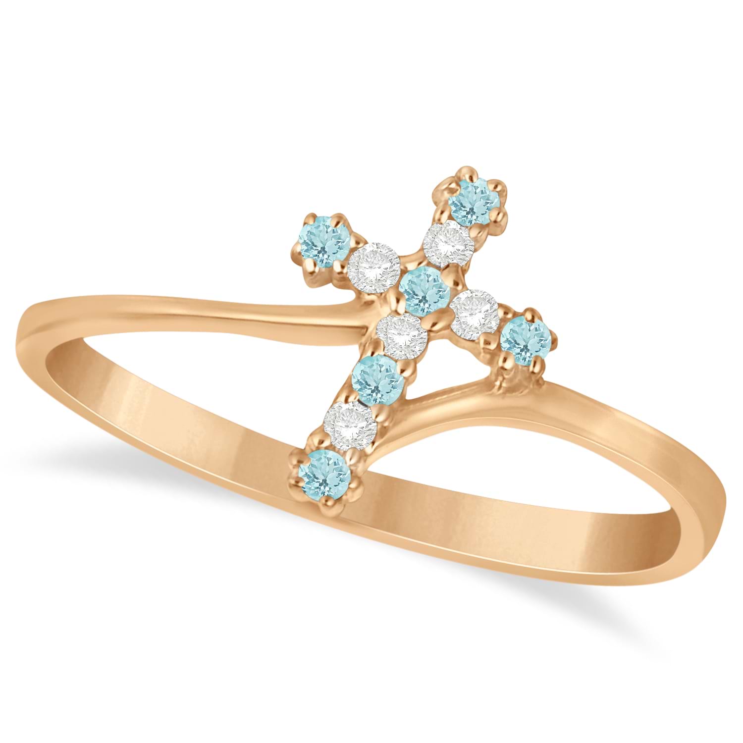 Diamond & Aquamarine Religious Cross Twisted Ring 14k Rose Gold (0.10ct)