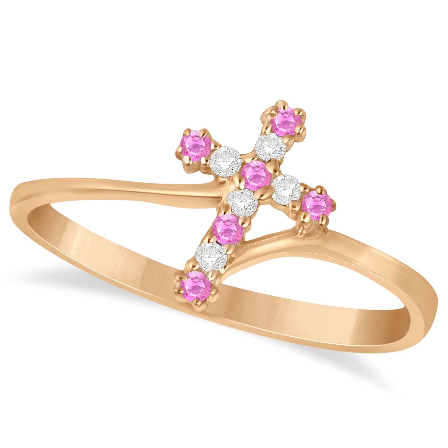Diamond & Pink Sapphire Religious Cross Twisted Ring 14k Rose Gold (0.10ct)