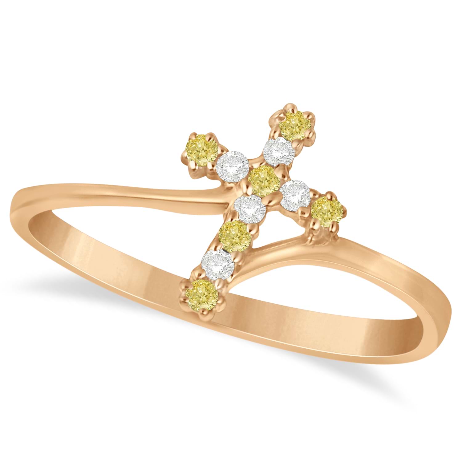 White & Yellow Diamond Religious Cross Twisted Ring 14k Rose Gold (0.10ct)