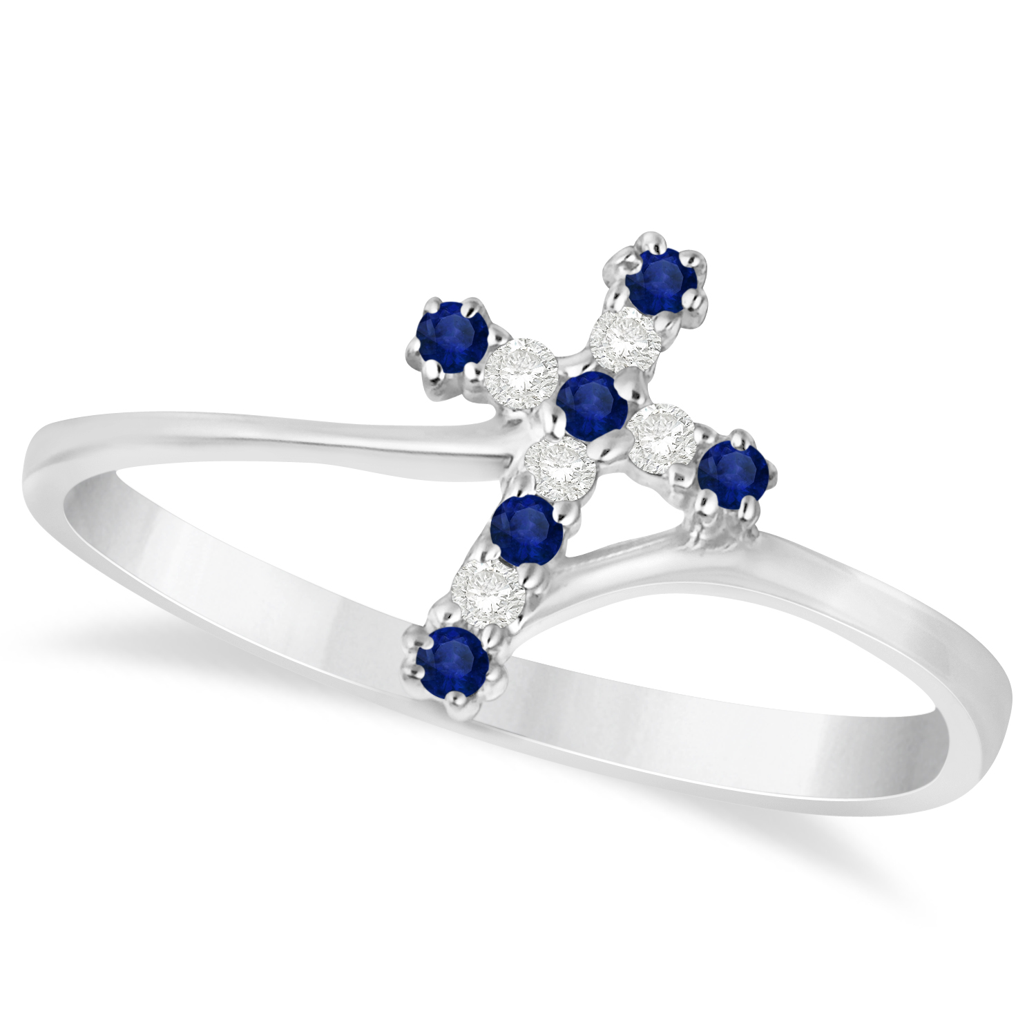 Diamond & Blue Sapphire Religious Cross Twisted Ring 14k White Gold (0.10ct)