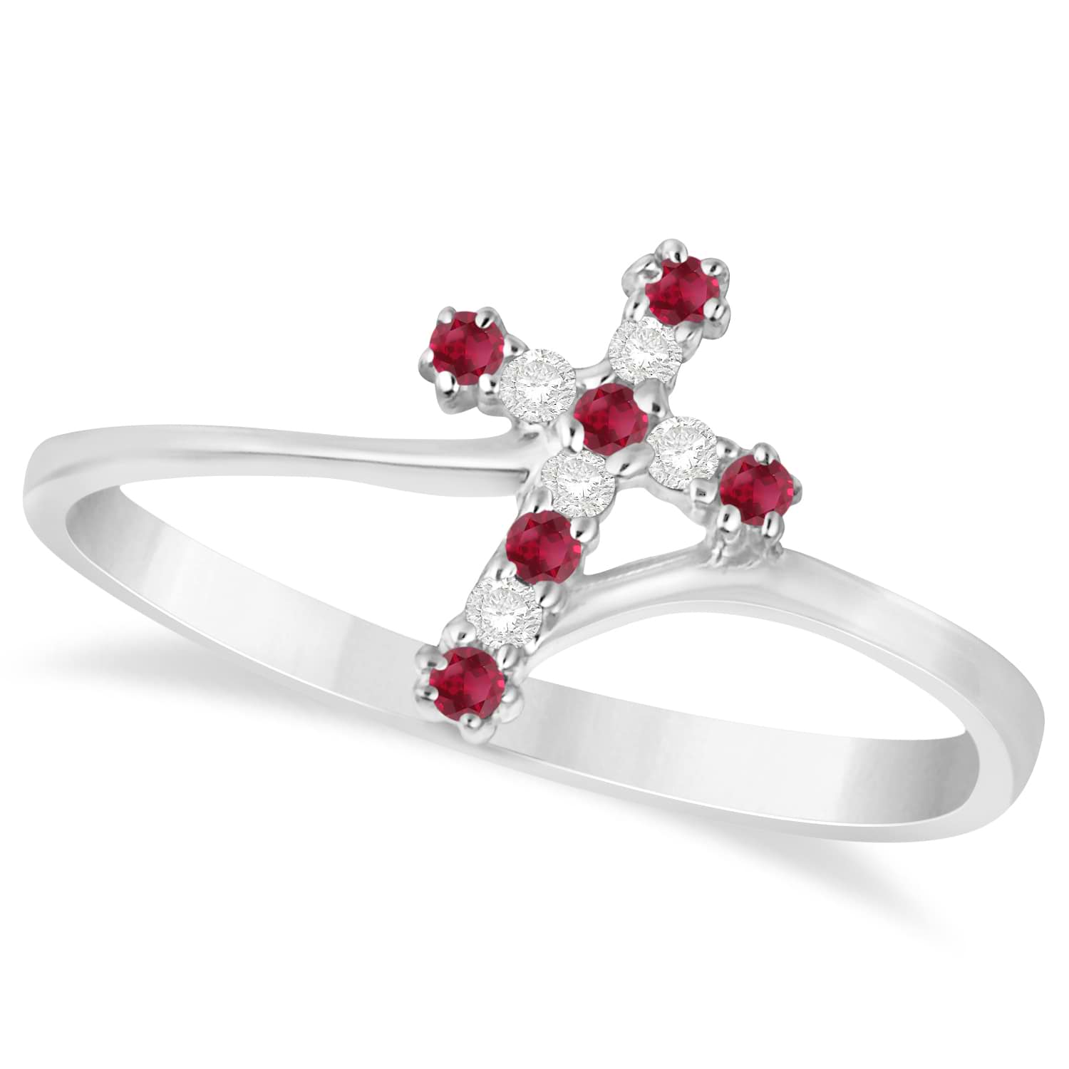 Diamond & Ruby Religious Cross Twisted Ring 14k White Gold (0.10ct)