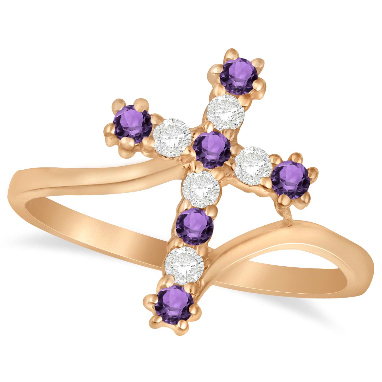 Diamond & Amethyst Religious Cross Twisted Ring 14k Rose Gold (0.33ct)