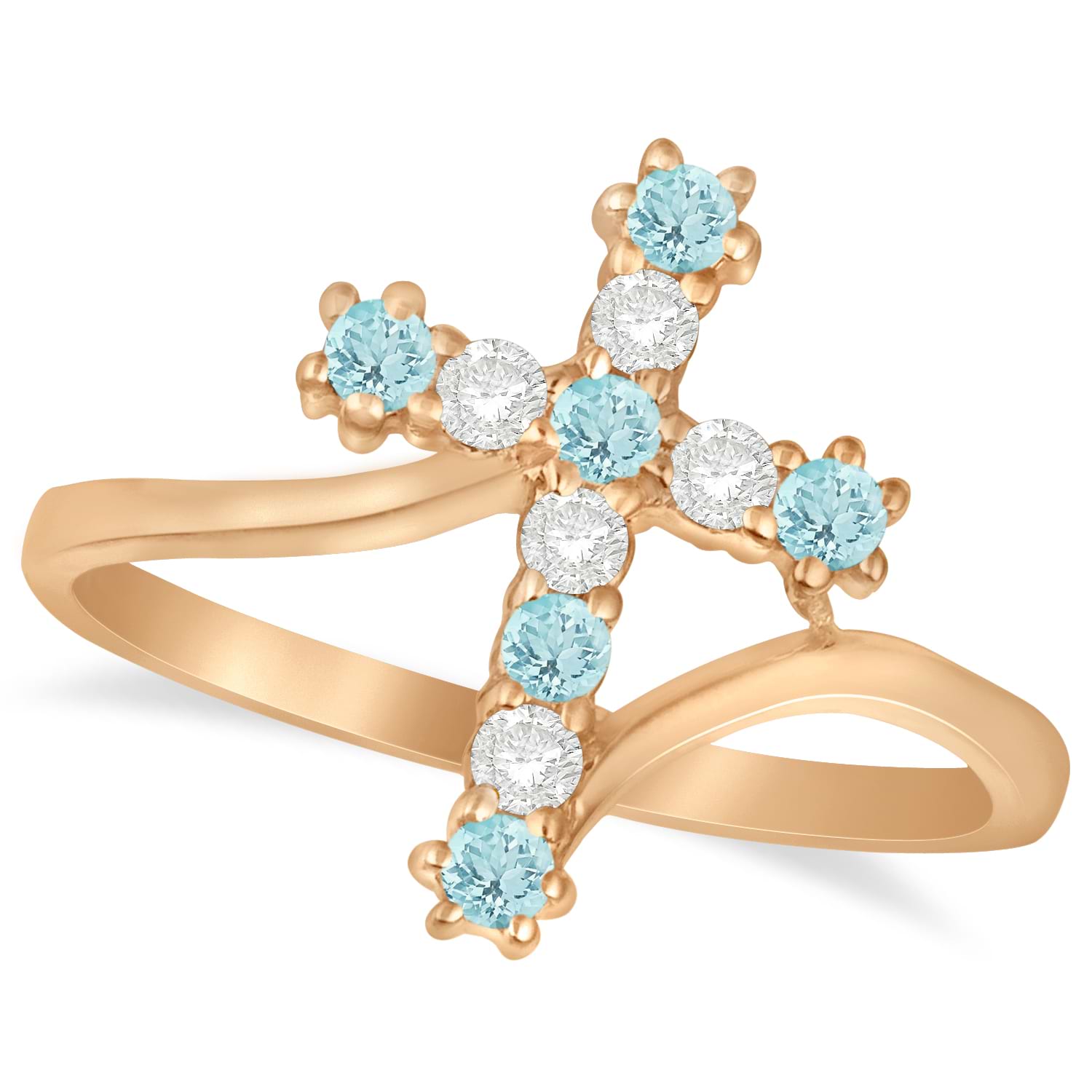 Diamond & Aquamarine Religious Cross Twisted Ring 14k Rose Gold (0.33ct)