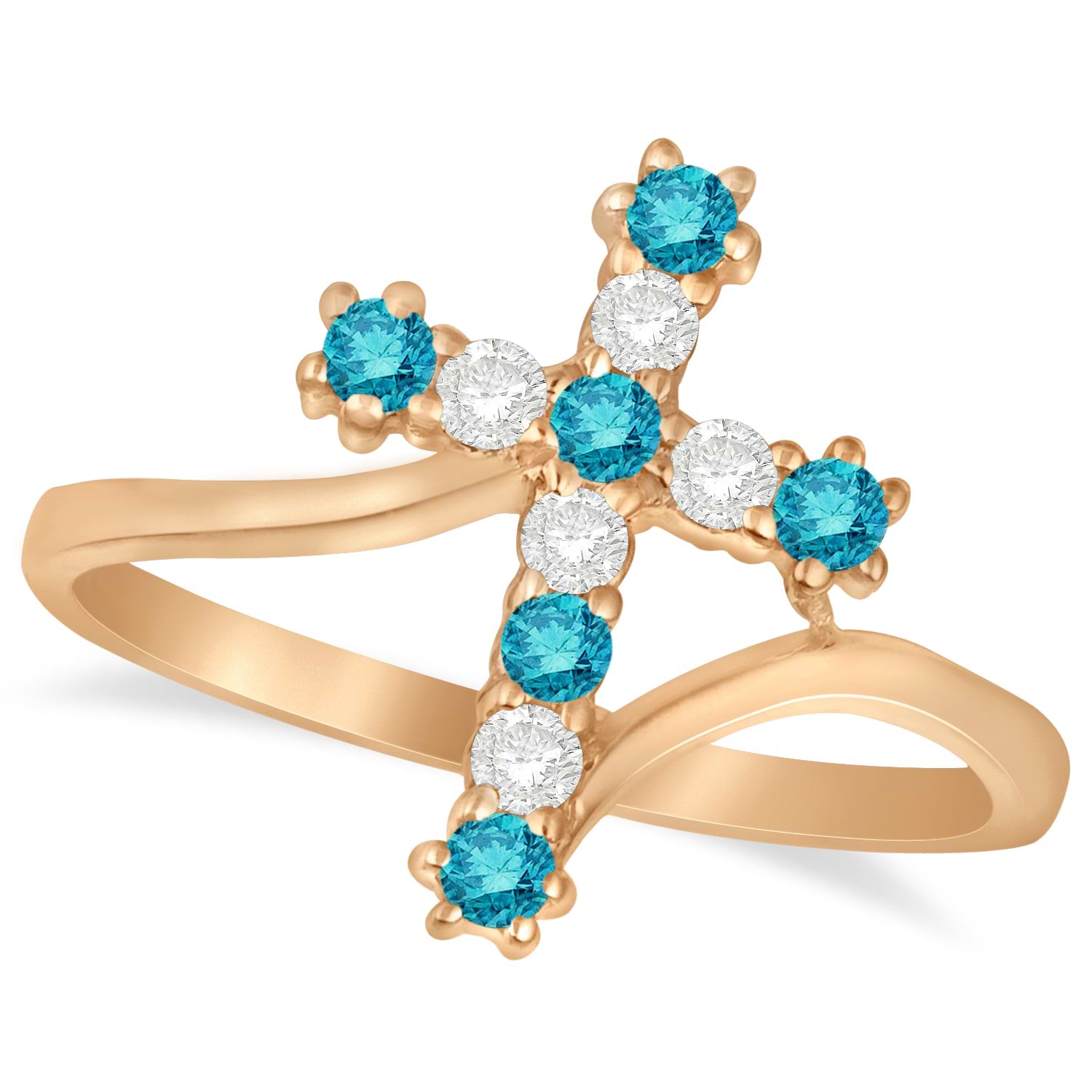 Blue & White Diamond Religious Cross Twisted Ring 14k Rose Gold (0.33ct)