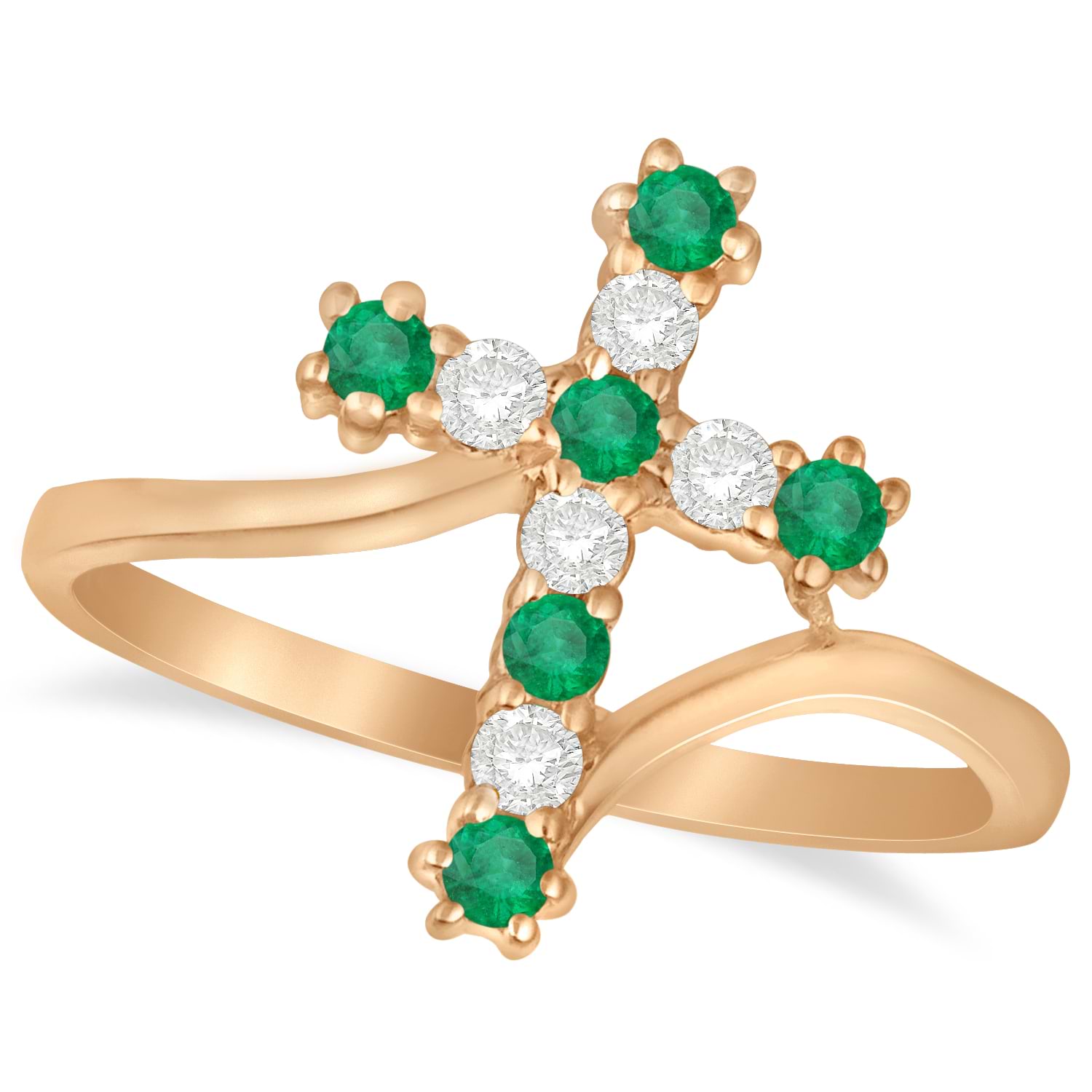 Diamond & Emerald Religious Cross Twisted Ring 14k Rose Gold (0.33ct)