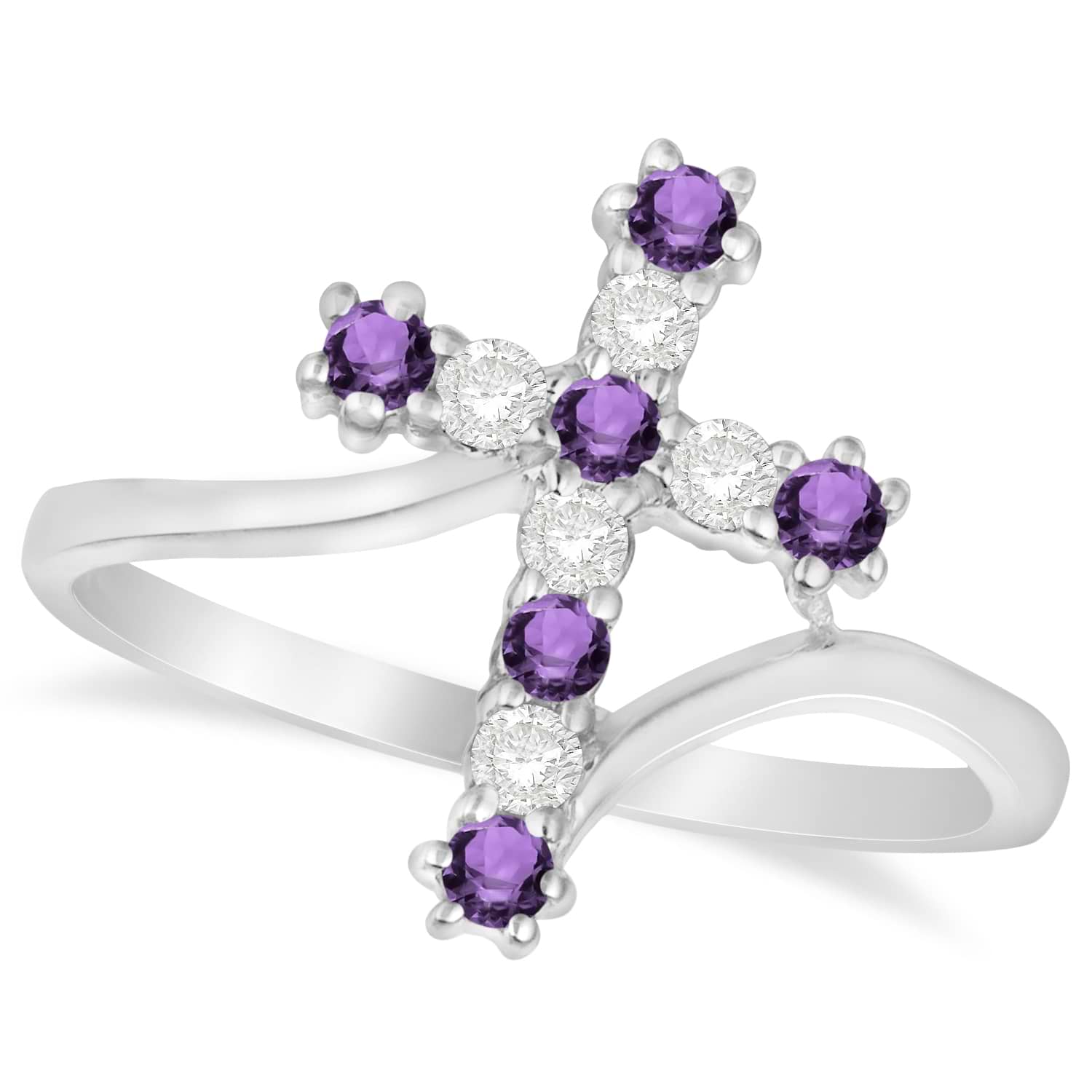 Diamond & Amethyst Religious Cross Twisted Ring 14k White Gold (0.33ct)