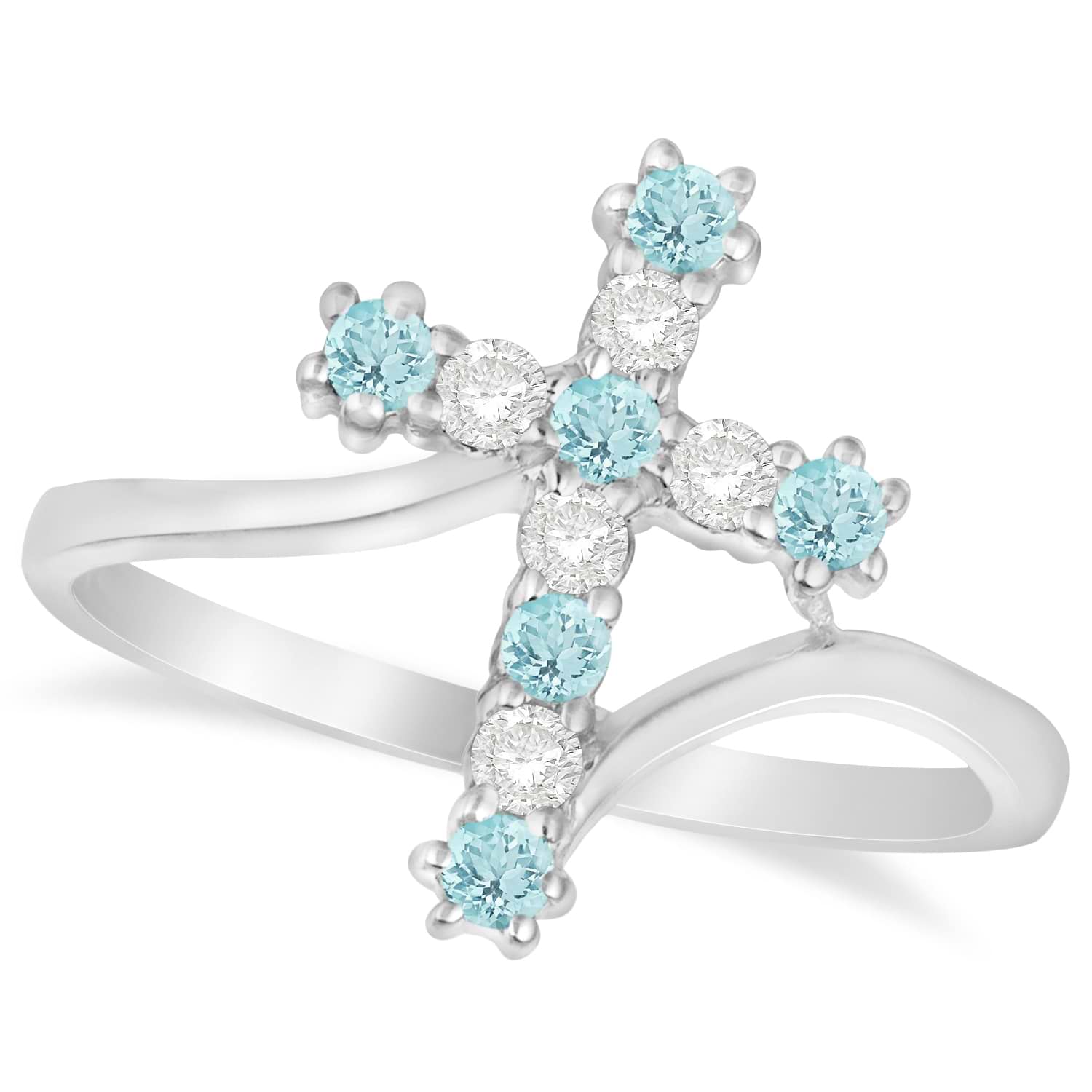 Diamond & Aquamarine Religious Cross Twisted Ring 14k White Gold (0.33ct)