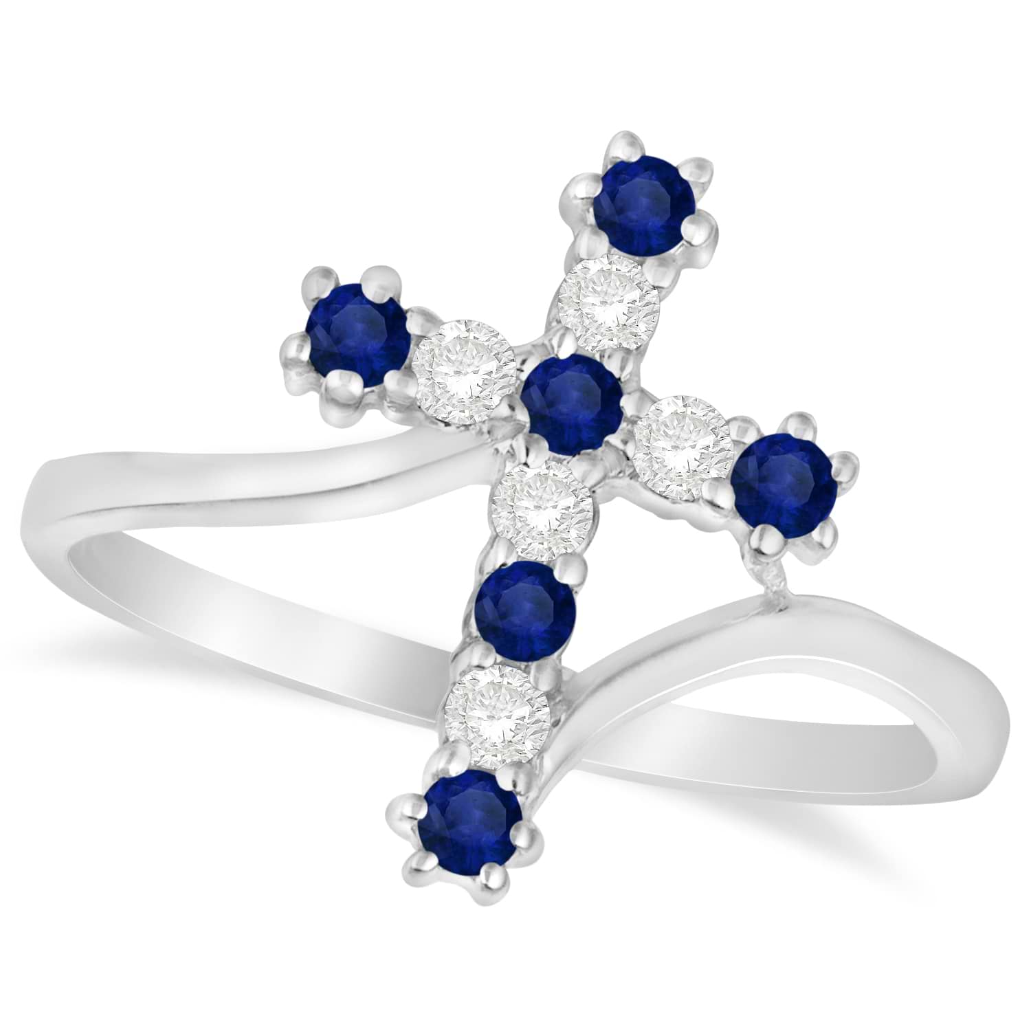 Diamond & Blue Sapphire Religious Cross Twisted Ring 14k White Gold (0.33ct)