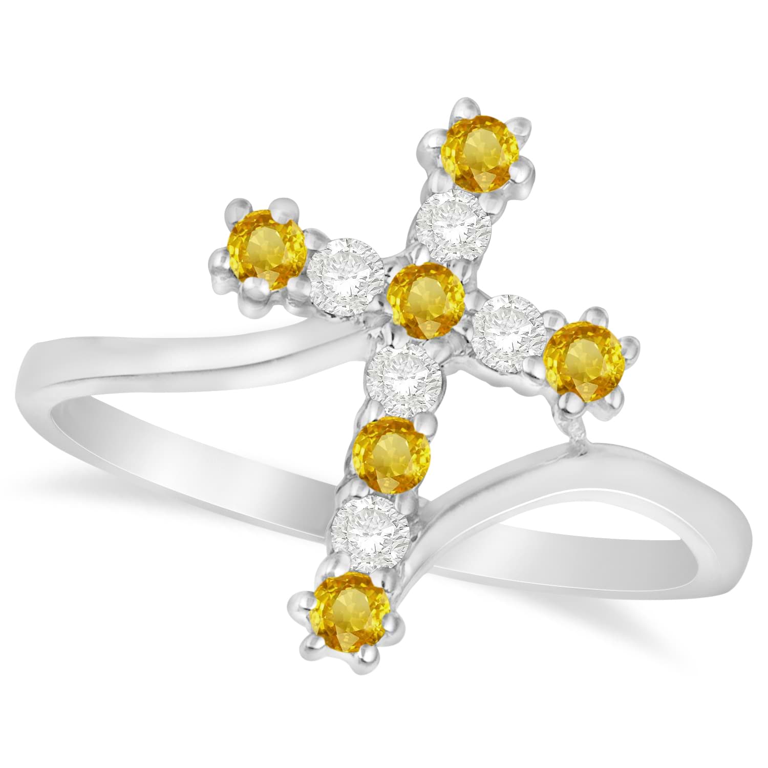 Diamond & Yellow Sapphire Religious Cross Twisted Ring 14k White Gold (0.33ct)