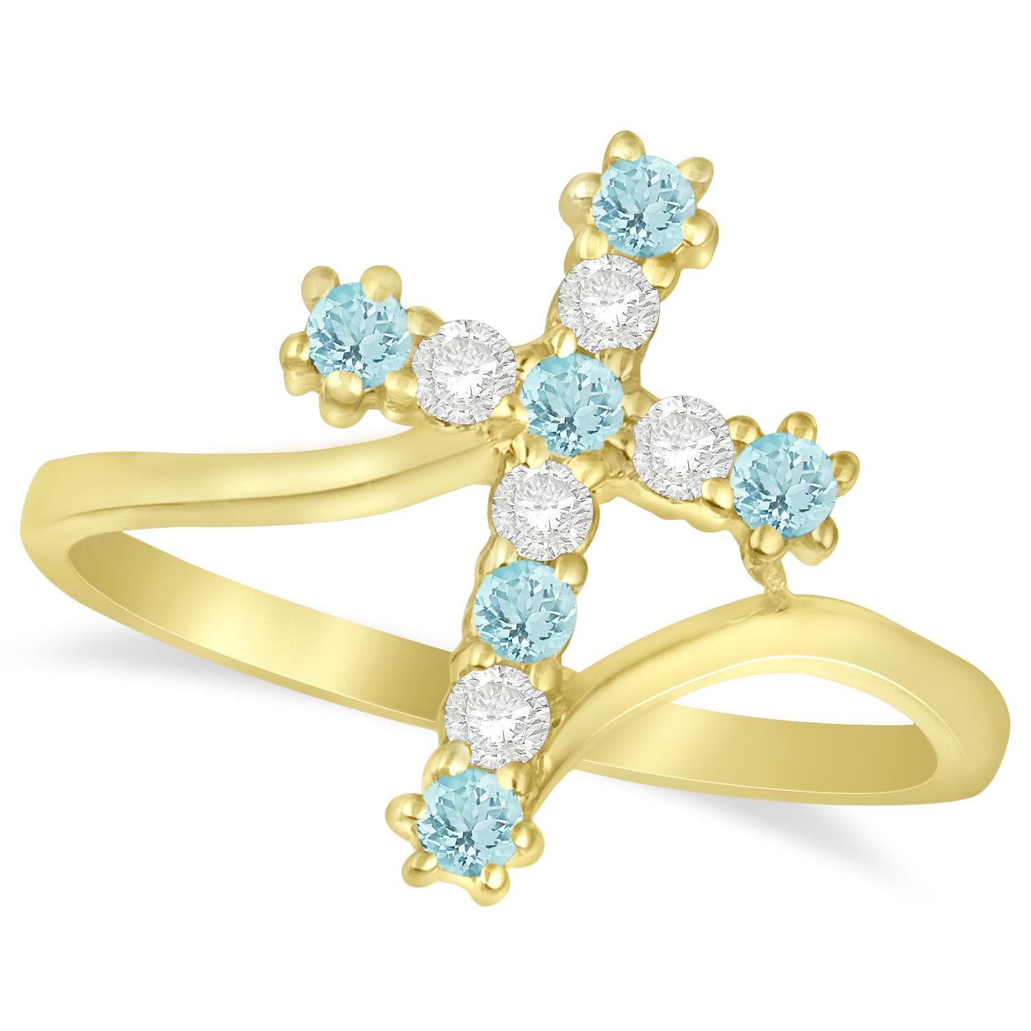 Diamond & Aquamarine Religious Cross Twisted Ring 14k Yellow Gold (0.33ct)