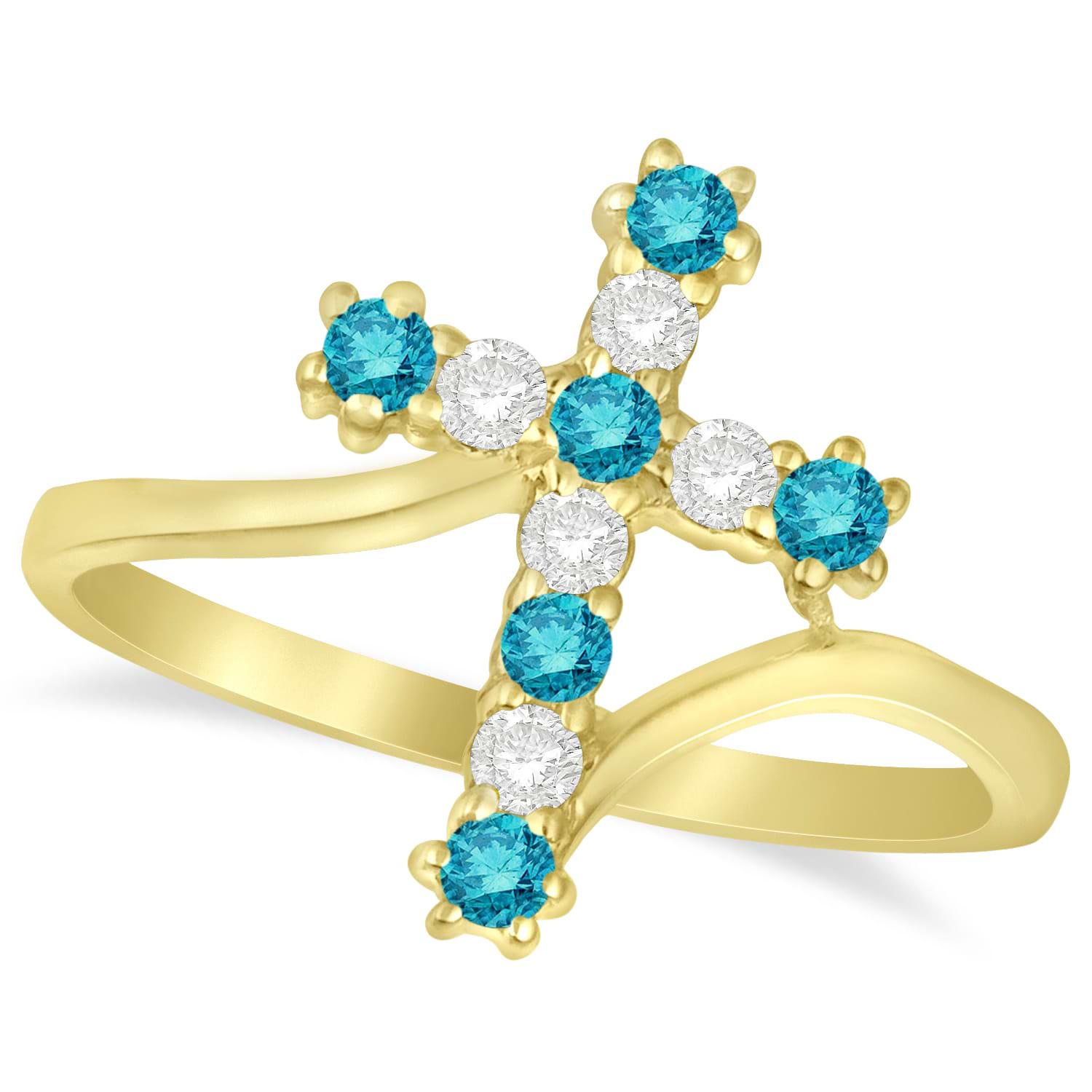 Blue & White Diamond Religious Cross Twisted Ring 14k Yellow Gold (0.33ct)