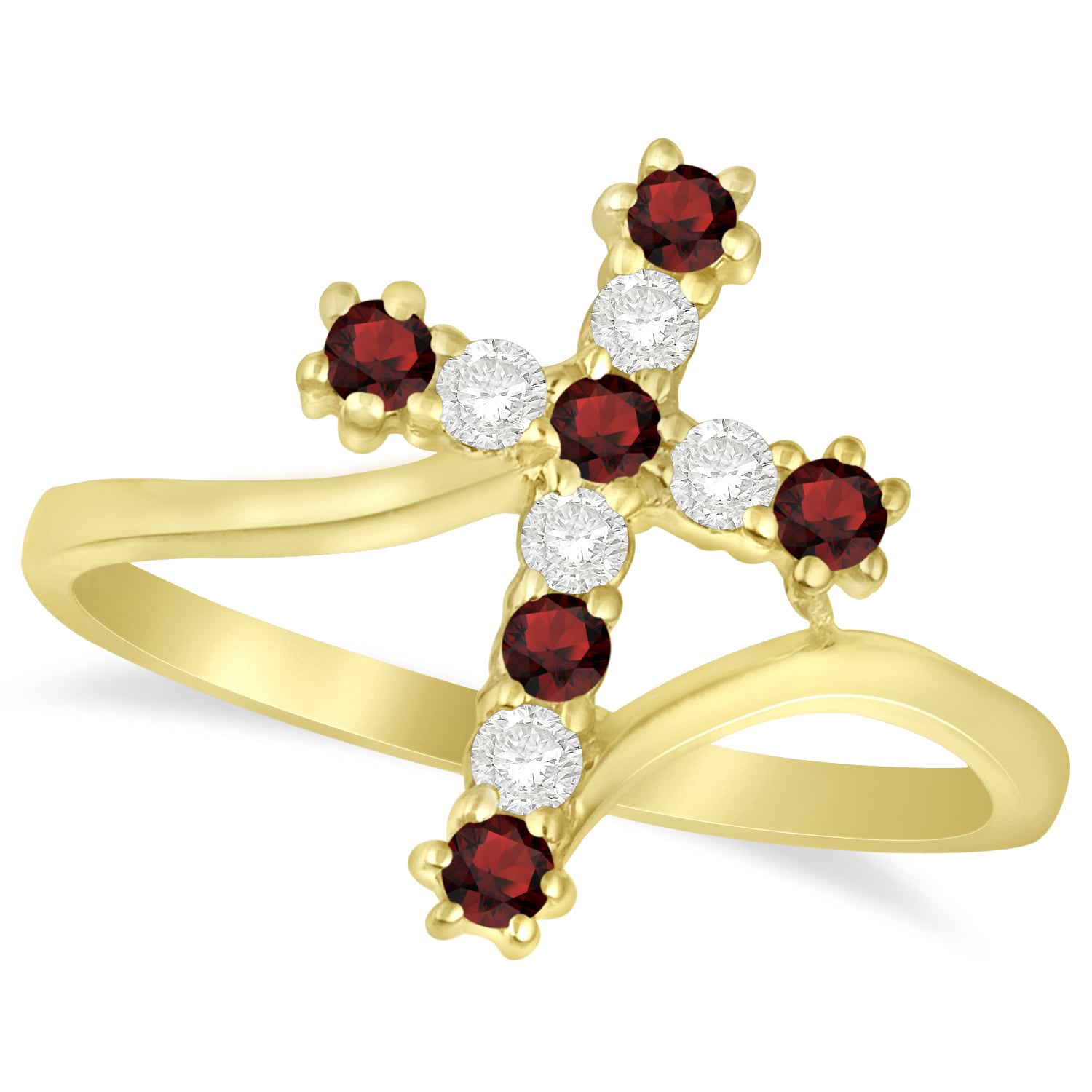 Diamond & Garnet Religious Cross Twisted Ring 14k Yellow Gold (0.33ct)